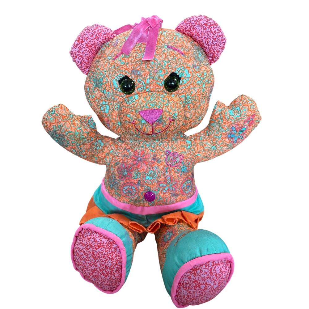 15" Pink Doodle Bear Girl Teddy Stuffed Flowers Print Plush  Mashine Washable